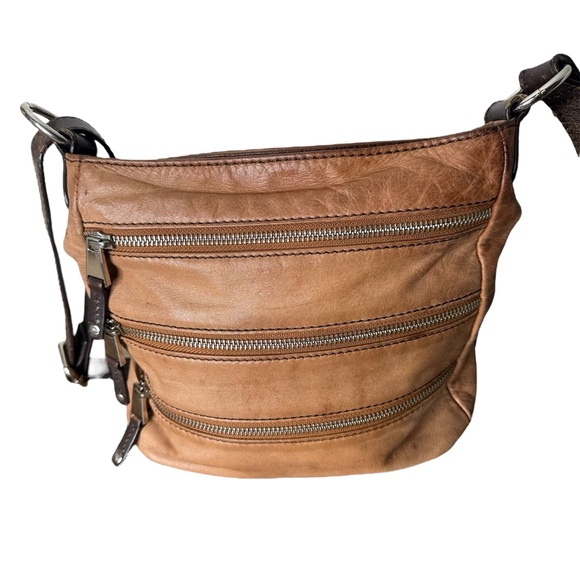 Danier Handbags - DANIER Leather Camel Tan Brown Crossbody Bag Multi Zipper Adjustable Strap *Flaw
